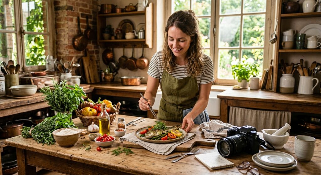 A vibrant food blogger styling a gourmet dish in a sun-drenched rustic kitchen with fresh ingredient