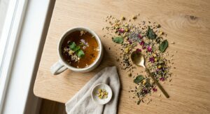 A high-end editorial flat lay of a ceramic mug filled with herbal infusion next to scattered dried h