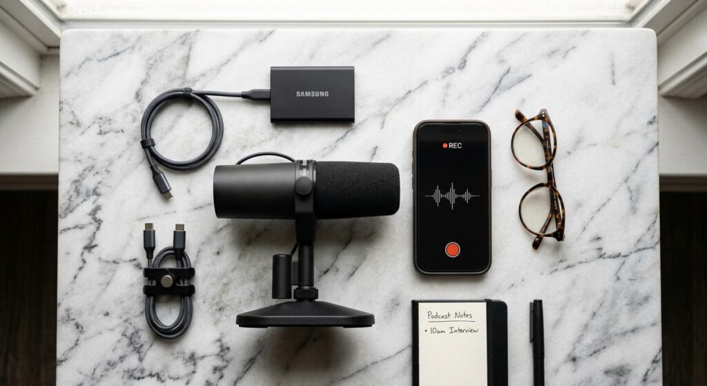 A flat lay of professional content creation gear including a microphone, smartphone, external hard d