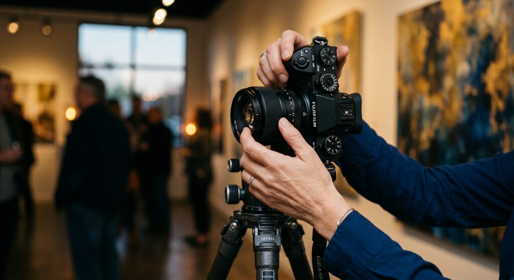 Close-up of a professional photographer’s hands adjusting a high-end mirrorless camera on a tripod,