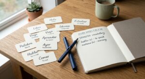 A professional, minimalist editorial composition featuring an open notebook, a modern fountain pen,