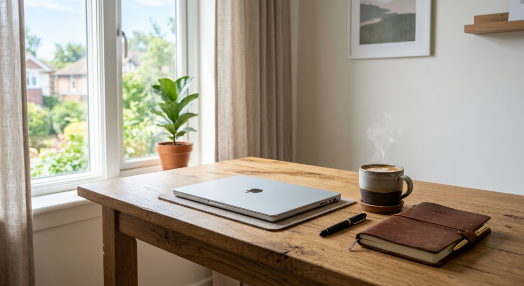 A minimalist workspace with a sleek laptop, a steaming ceramic mug of coffee, and a leather-bound no