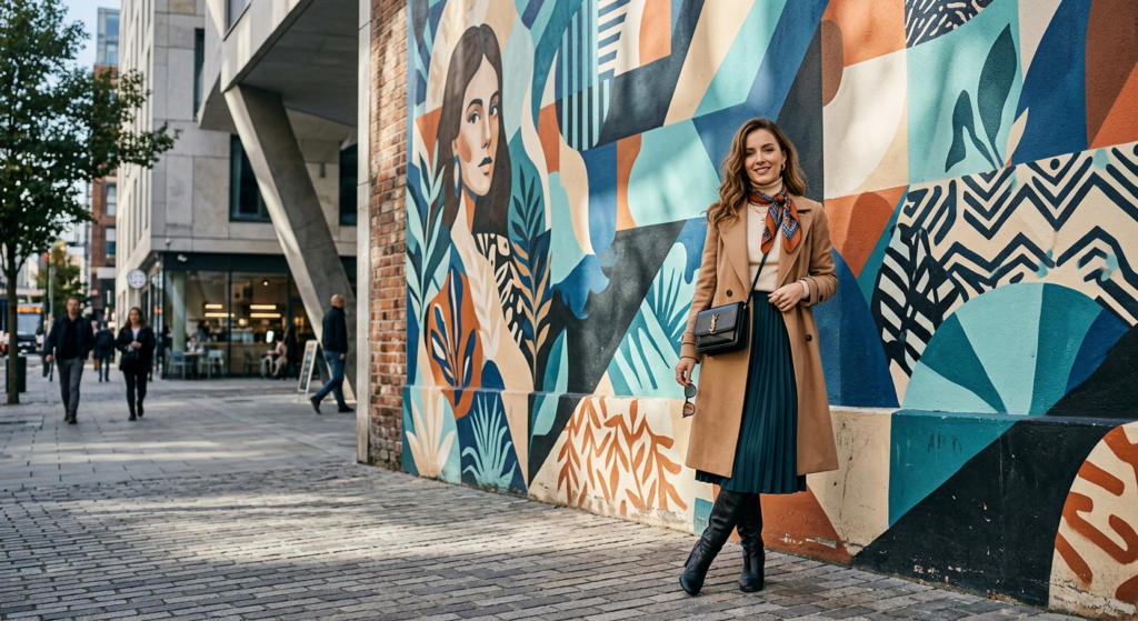 A fashion blogger posing in front of a modern urban art mural, wearing an elegant seasonal outfit, s