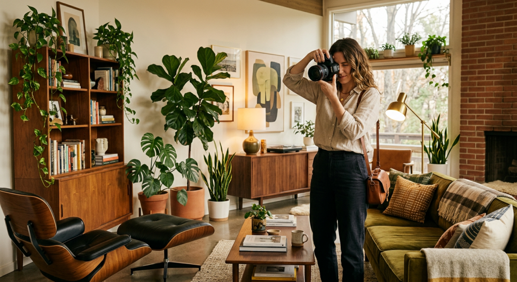 An interior designer blogger taking photos of a perfectly curated mid-century modern living room wit