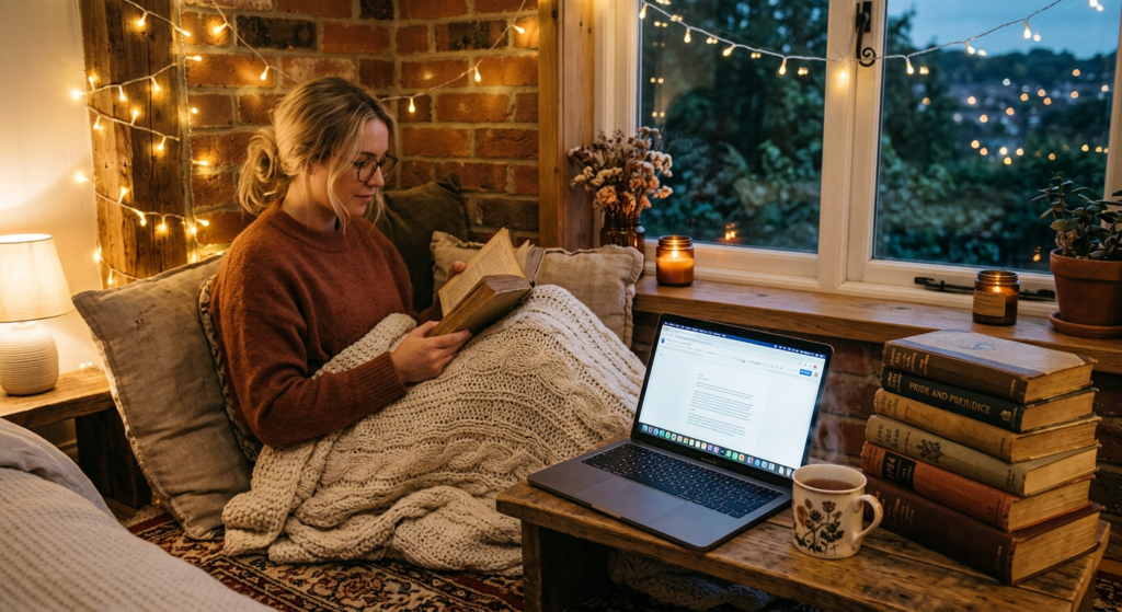 A cozy reading nook scene with an open laptop, a stack of vintage books, a knitted throw blanket, an