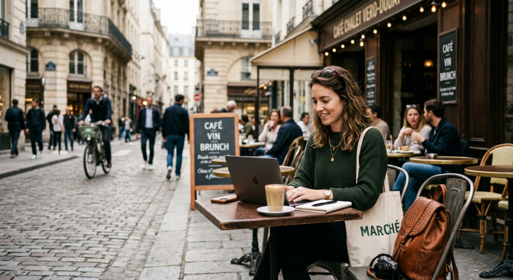 A street-style portrait of a digital nomad working on a laptop at a trendy sidewalk cafe in Paris, b