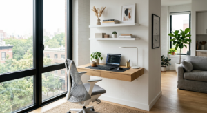 A minimalist and stylish home office setup integrated into a small, well-lit modern apartment, featu