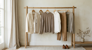 A minimalist, editorial-style photograph featuring a carefully curated selection of timeless neutral