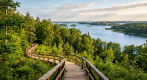 A breathtaking, professional editorial landscape photograph of a sun-drenched wooden hiking trail wi