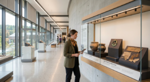 A professional editorial photograph of a visitor exploring a modern, well-lit regional museum galler